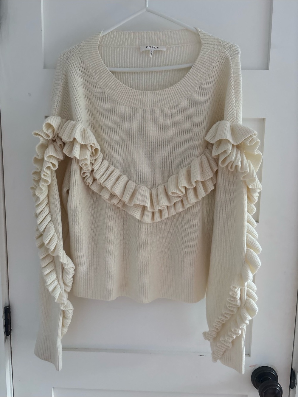 FRAME Ruffle Yoke Ribbed Sweater Off White size M - Picture 2 of 14